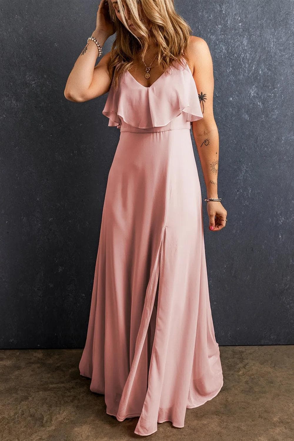 Dresses/Maxi Dresses Light Pink Spaghetti Straps V Neck Ruffled Split Long Dress