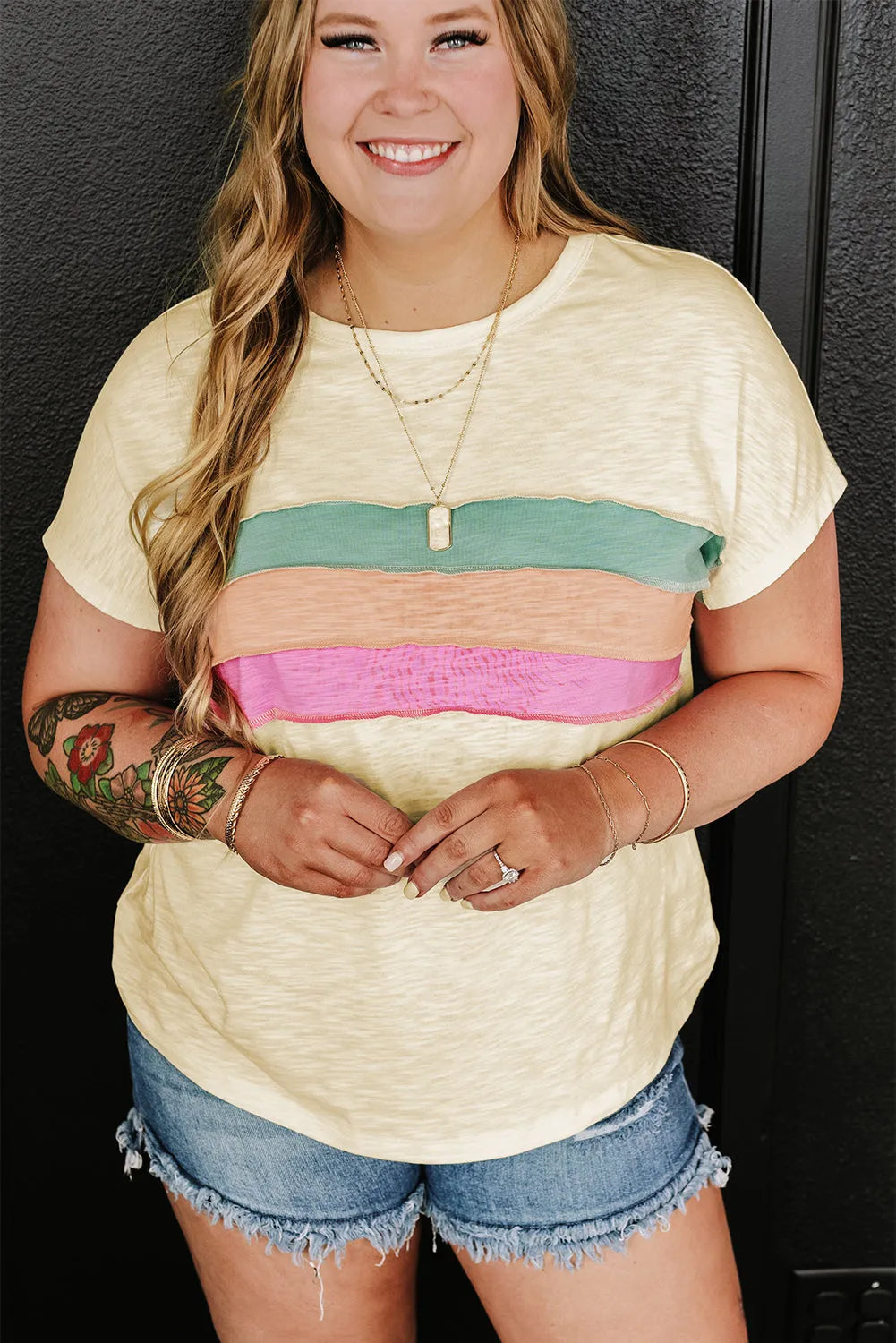 White Color Block Patchwork Plus Size T Shirt - Chic Meadow Boutique 