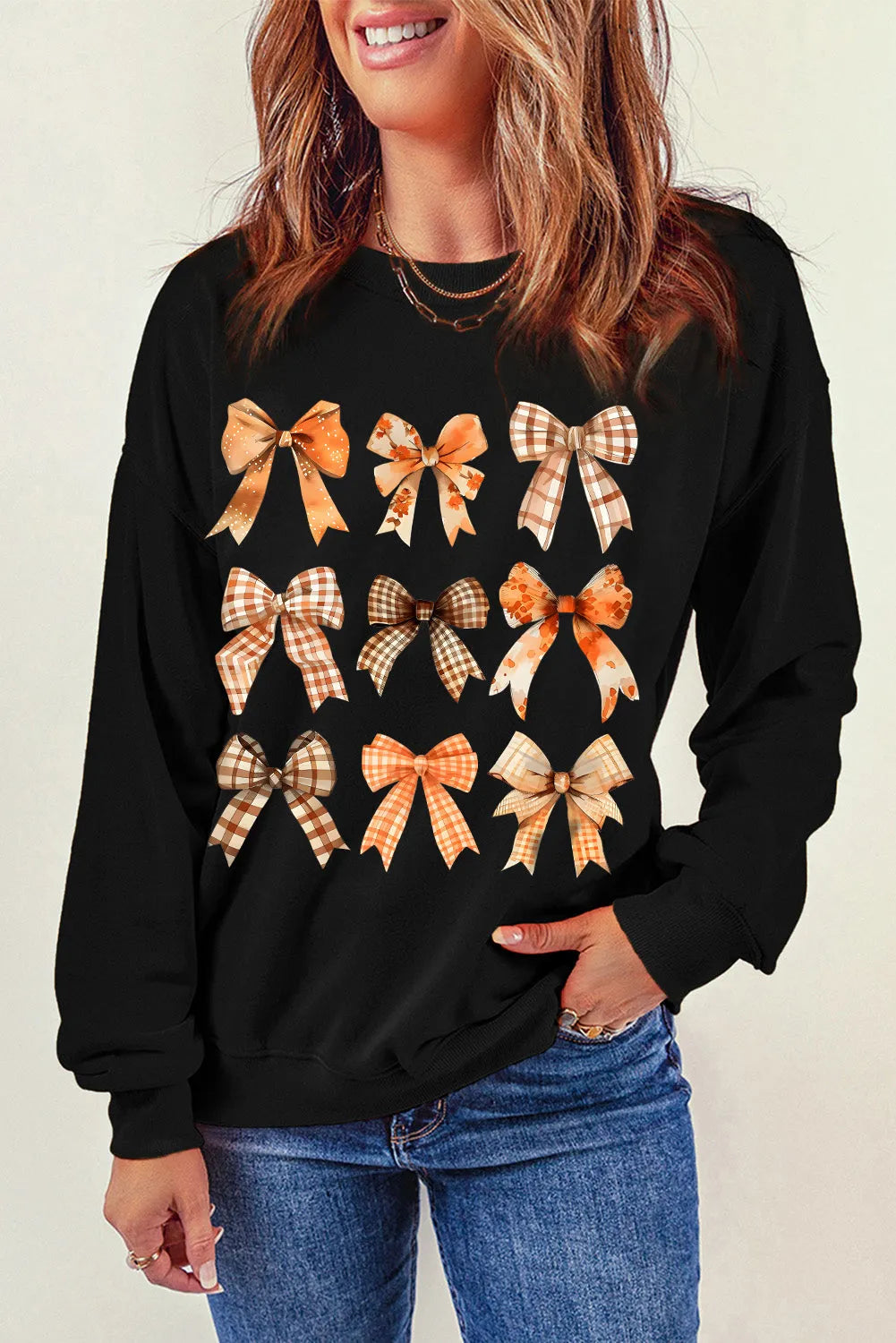 Black Thanksgiving Spice Bowknot Graphic Sweatshirt - Chic Meadow Boutique 