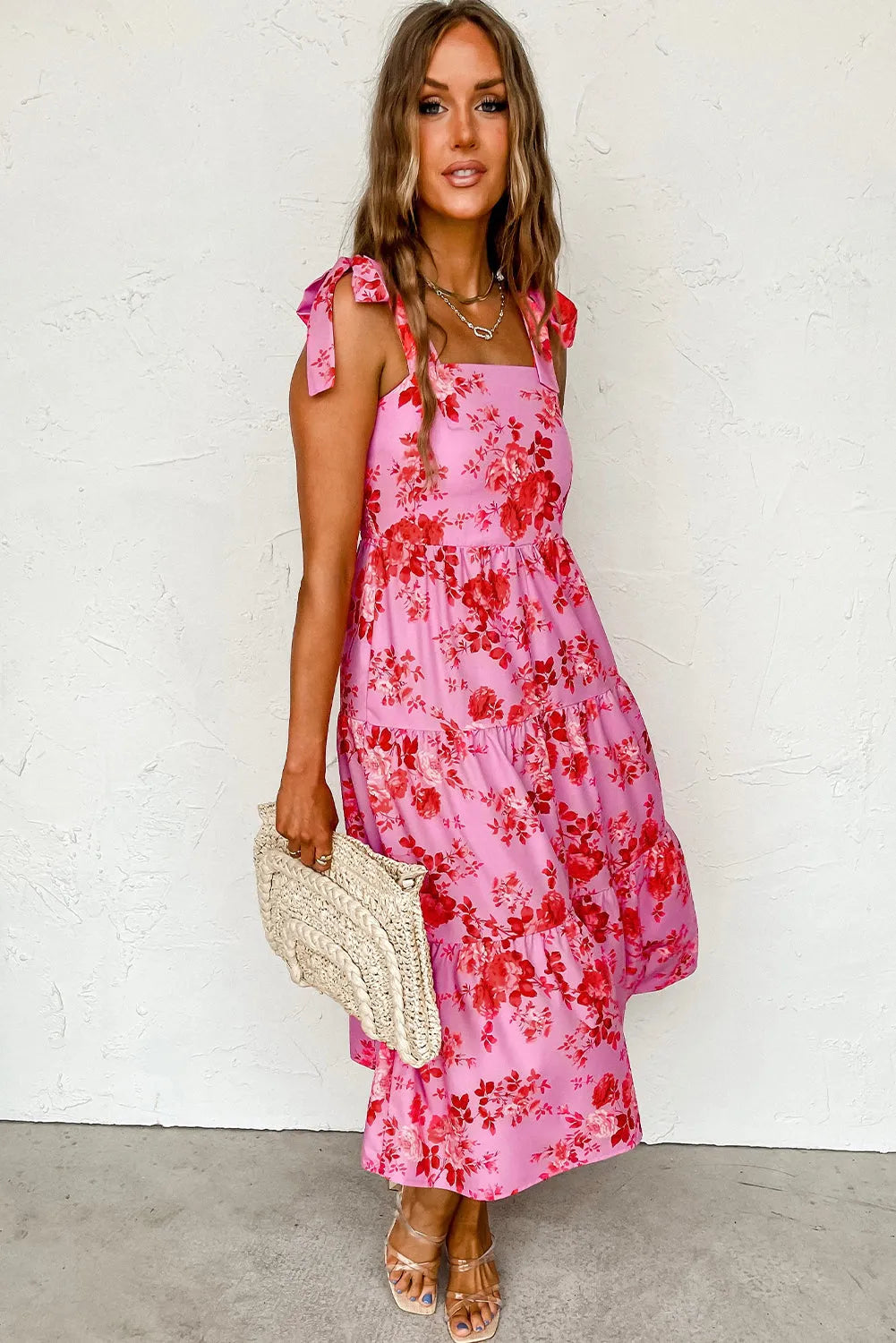 Pink Tie Shoulder Straps Tiered Floral Dress - Chic Meadow Boutique 