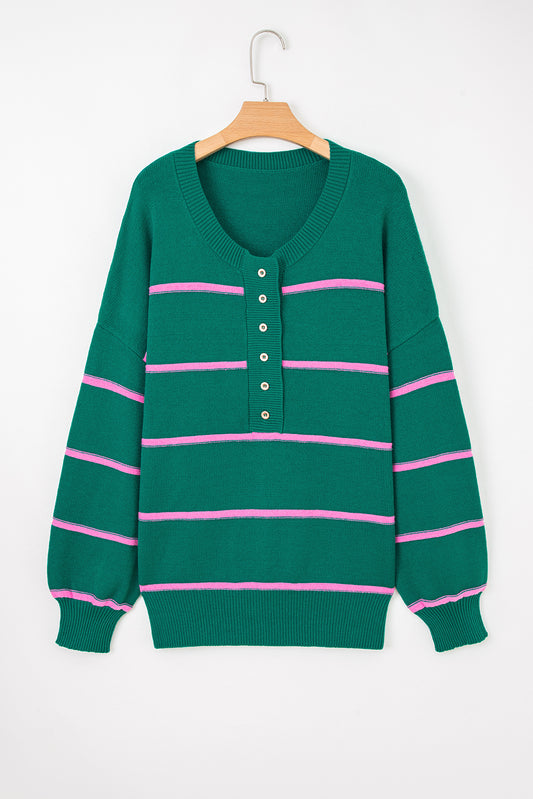 Green Stripe Half Buttons Drop Shoulder Plus Size Sweater