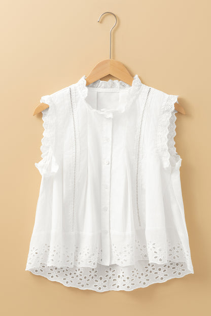 White Solid Color Lace Crochet Eyelets Sleeveless Buttoned Shirt