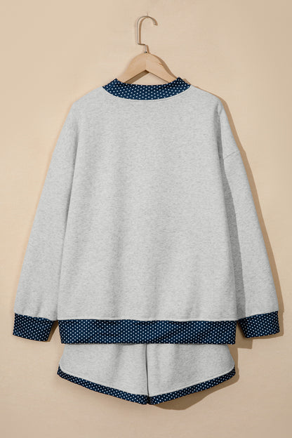 Light Grey Polka Dot Patchwork Mock Neck Pullover Casual Shorts Set