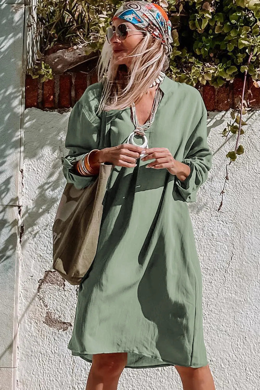 Green Roll-tab Sleeve Flowy Casual Dress - Chic Meadow Boutique 