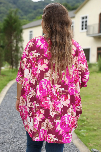 Red Floral Print Short Sleeve Plus Size Blouse - Chic Meadow Boutique 