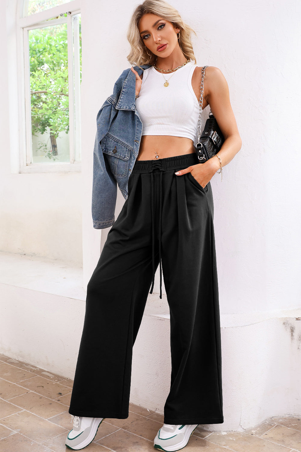 Dear Lovers Black Tied Elastic High Waist Pleated Detail Solid Sweatpants