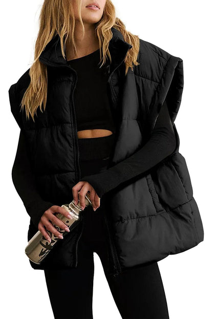 Outerwear/Vests Black Solid Zipper Stand Neck Oversized Puffer Vest