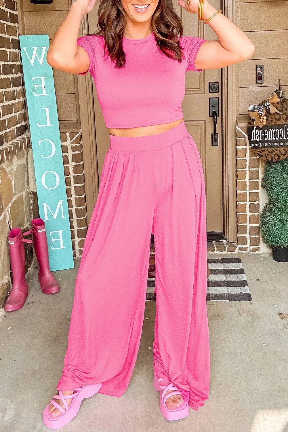 Strawberry Pink Slim Fit Crop Top and Pleated Wide Leg Pants Set - Chic Meadow Boutique 