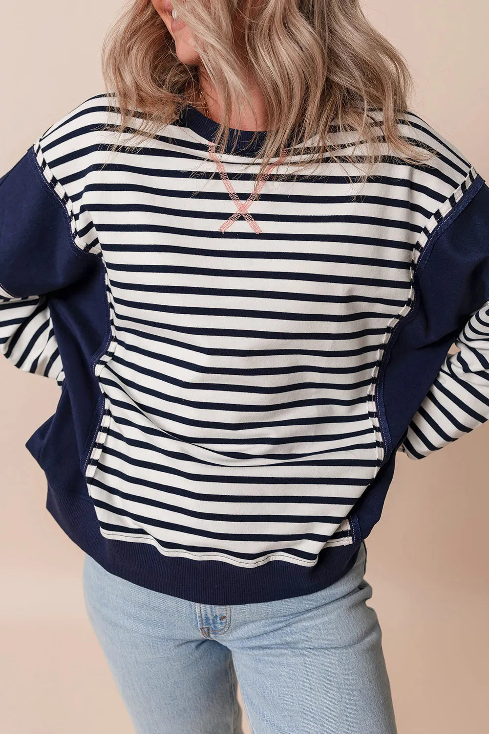 White Stripe Color Block Exposed Seam Loose Fit Sweatshirt - Chic Meadow Boutique 