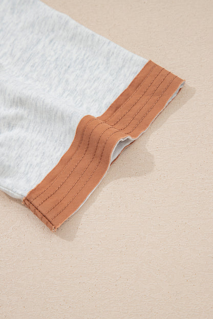 Light Grey Raw Seam Color Block Detail Buttoned Henley Tee