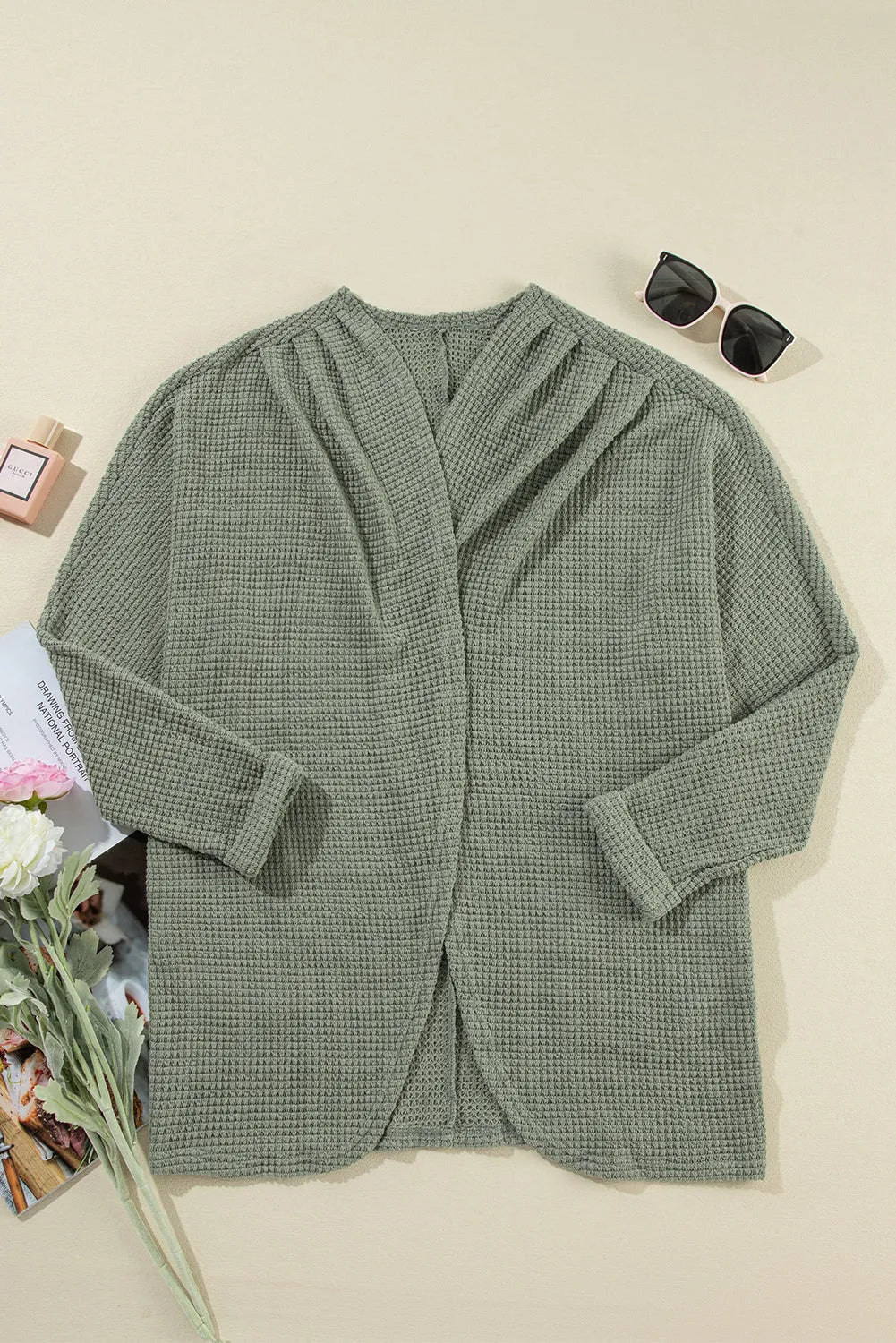 Laurel Green Waffle Knit Open Front Cardigan - Chic Meadow Boutique 