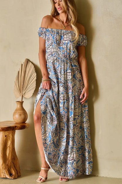 Blue Boho Paisley Print Off Shoulder Maxi Dress - Chic Meadow Boutique 