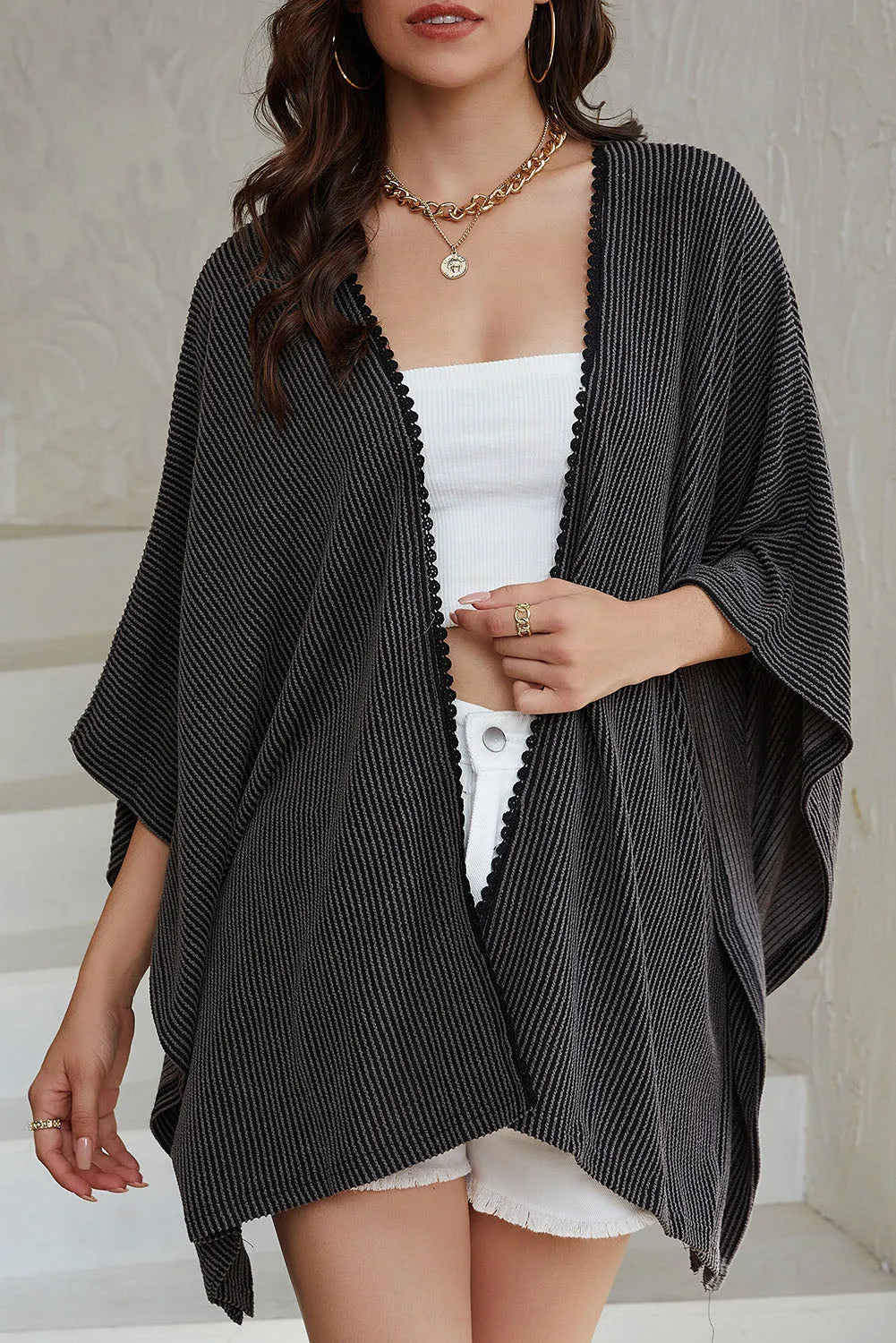 Black Lace Trim Ribbed Oversize Kimono - Chic Meadow Boutique 