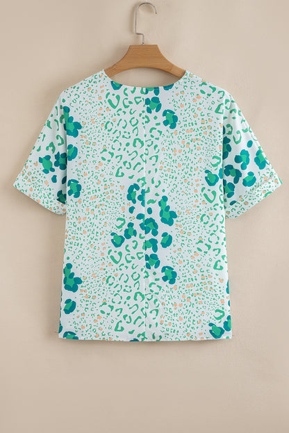 Green Mixed Leopard Print V Neck Short Sleeve Blouse