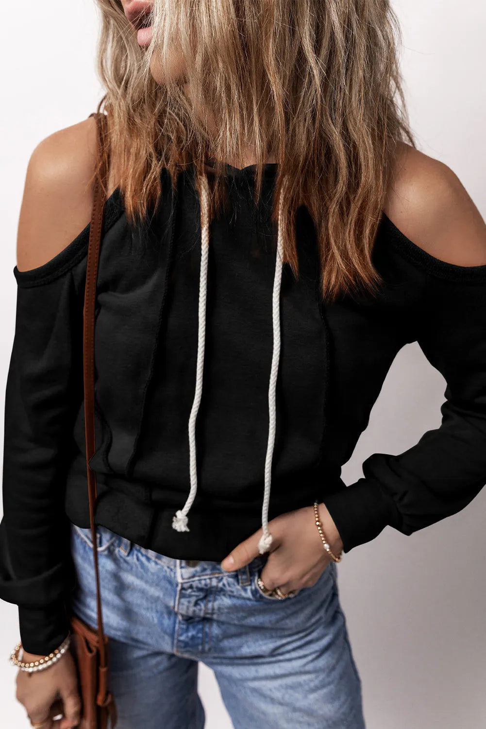 Black Exposed Seam Cold Shoulder Drawstring Hoodie - Chic Meadow Boutique 