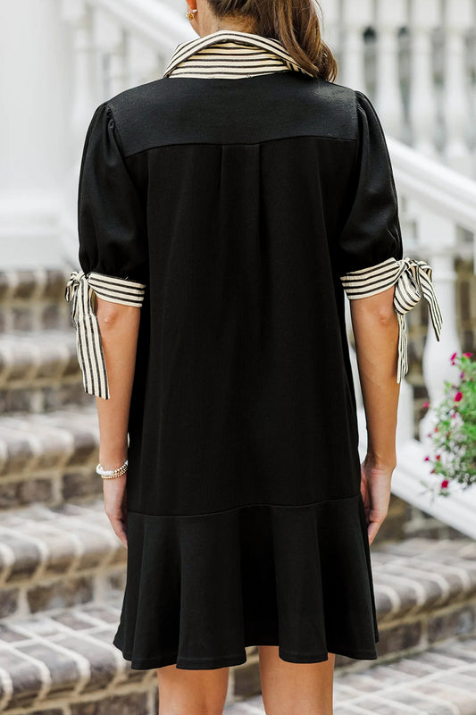 Black Stripe Detail Polo Collar Half Buttons Tied Short Sleeve Shift Mini Dress