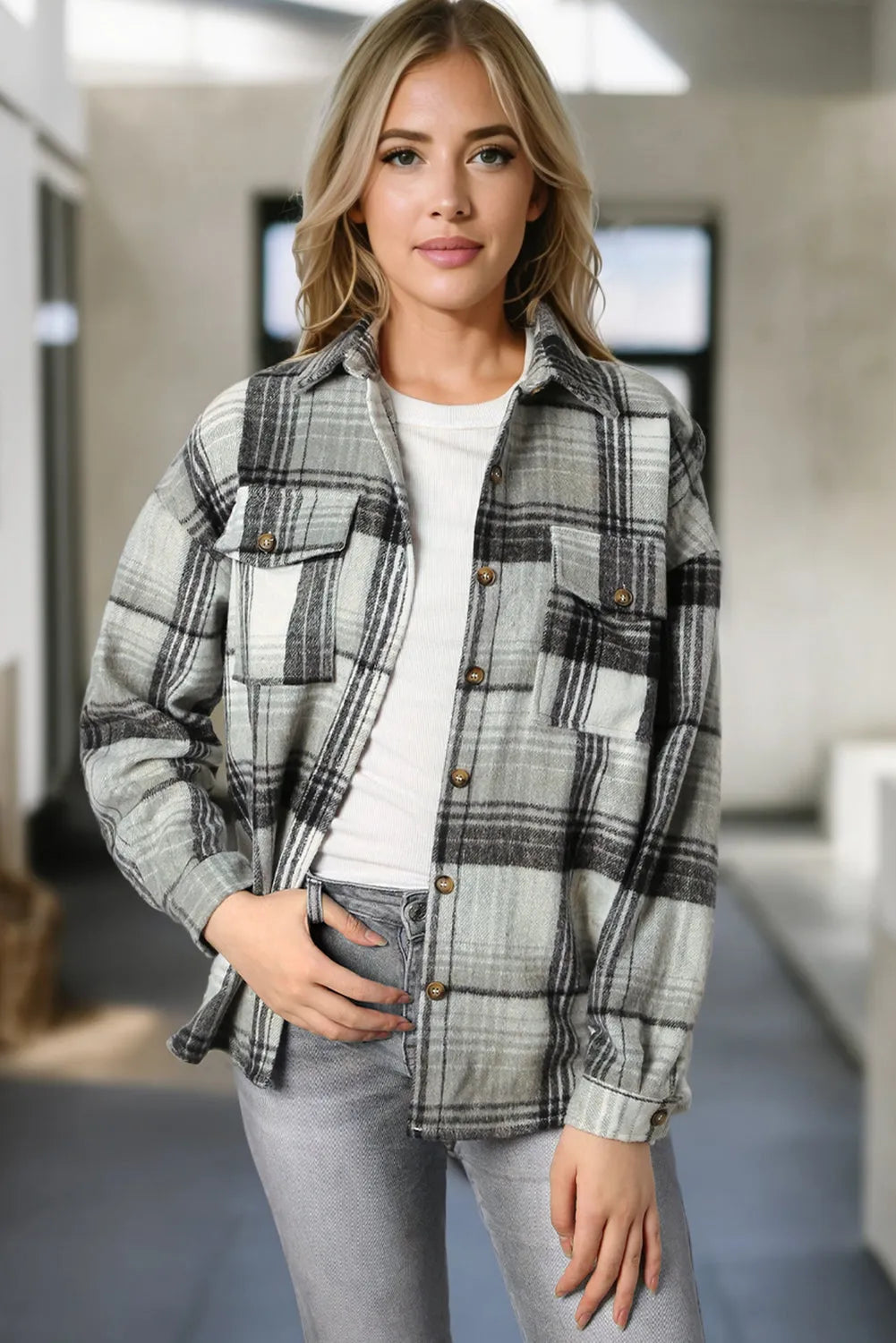 Medium Grey Plaid Flap Pockets Shacket - Chic Meadow Boutique 