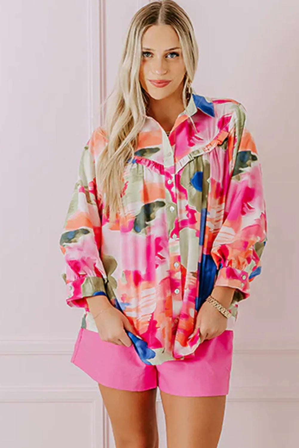 Rose Abstract Print Ruffled Puff Sleeve Shirt - Chic Meadow Boutique 