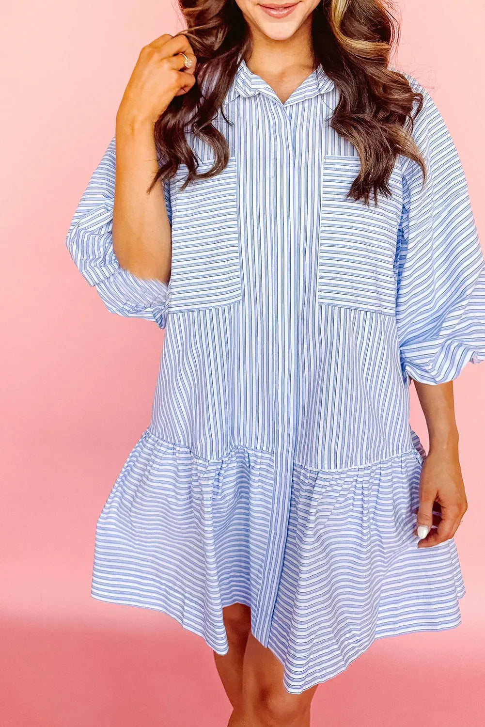 Sky Blue Stripe Bubble Sleeve Chest Pockets Buttoned Shirt Dress - Chic Meadow Boutique 