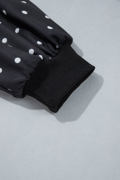 Black Polka Dot Print Metal Button Collar Casual Pullover Sweatshirt