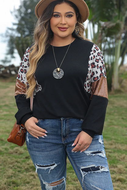 Black Leopard Sequin Patch Plus Size Long Sleeve Top - Chic Meadow Boutique 