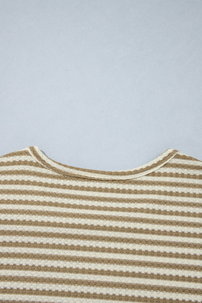 Brown Stripe Textured Knit Long Sleeve Top Elastic Waist Shorts Casual Outfit