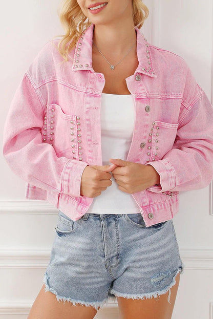 Outerwear/Denim jackets Pink Rivet Studded Pocketed Denim Jacket