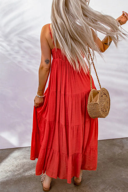 Red O-ring Smocked Back Spaghetti Straps Tiered Maxi Dress - Chic Meadow Boutique 