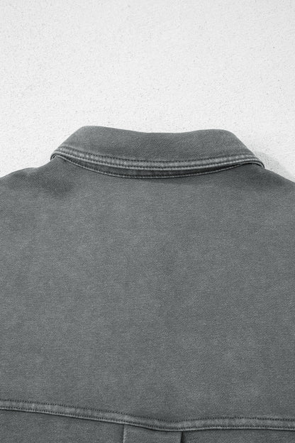 Medium Grey Mineral Wash Chest Pockets Drop Shoulder Shacket with Side Slit