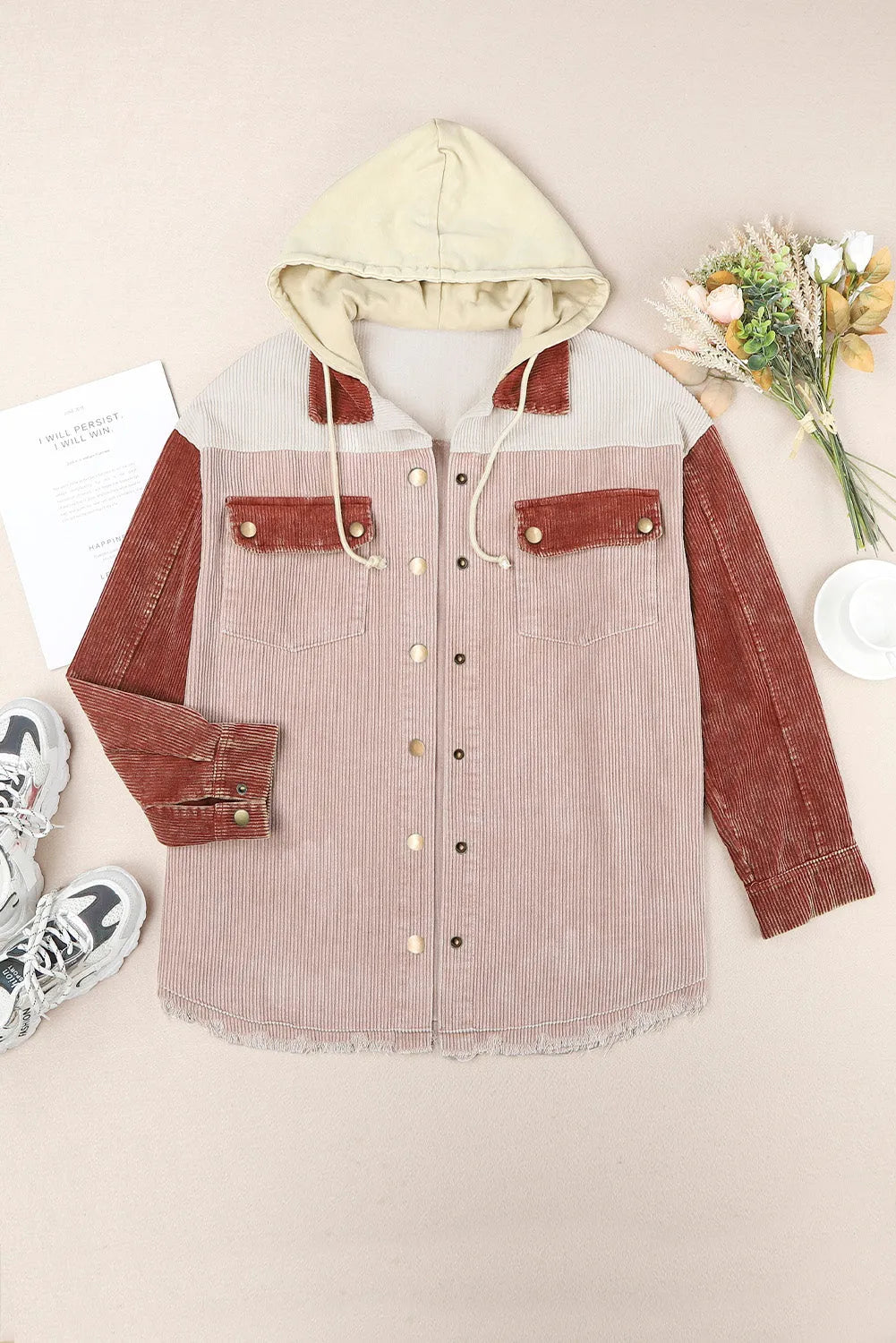 Color Block Button Down Hooded Corduroy Jacket - Chic Meadow Boutique 