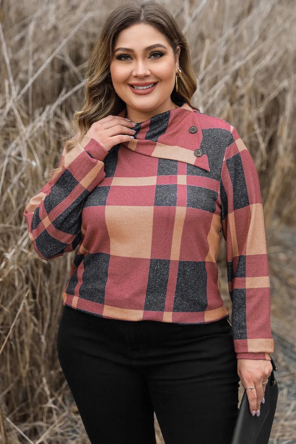 Plus Size/Plus Size Tops/Plus Size Long Sleeve Tops Mineral Red Plus Size Plaid Print Button Decor Asymmetric Neck Top