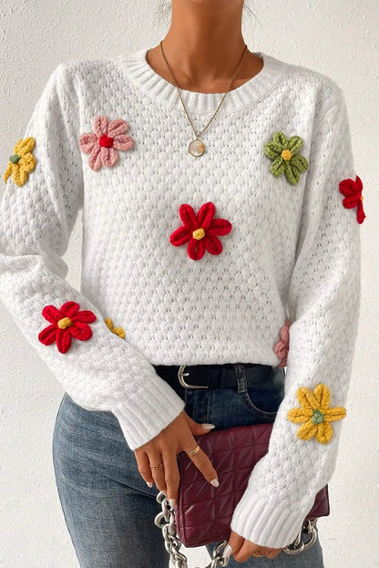 Sweaters & Cardigans/Sweaters White Colorful Flower Applique Textured Knit Sweater