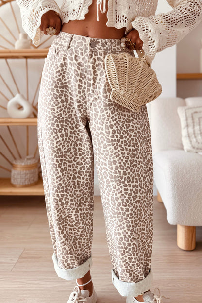Gray Leopard Print High Rise Relaxed Casual Jeans