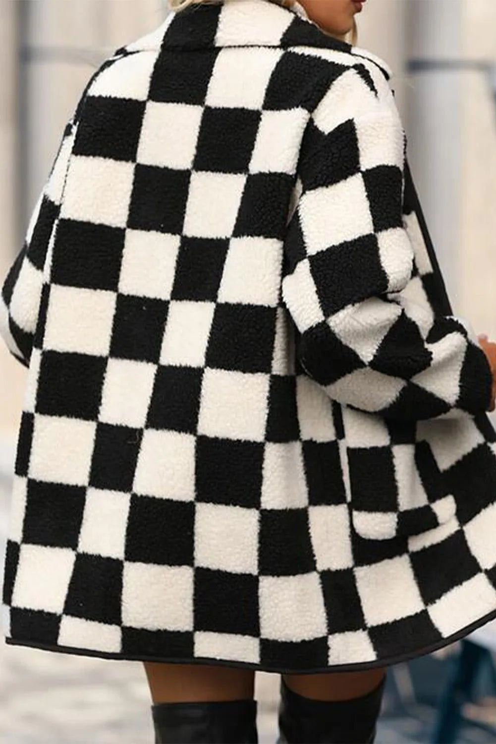 Black Checkered Side Pockets Collared Buttoned Fleece Jacket - Chic Meadow Boutique 