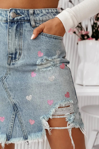 Beau Blue Shimmer Heart Pattern Distressed Denim Mini Skirt - Chic Meadow Boutique 