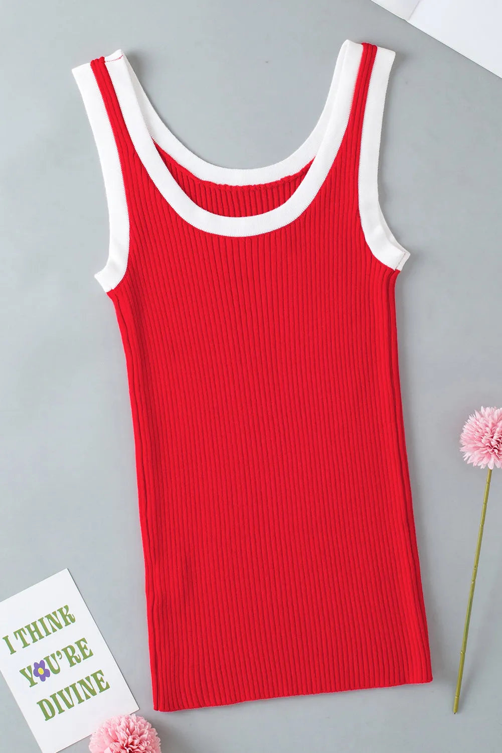 Fiery Red Colorblock Edge Ribbed Knit U Neck Tank Top - Chic Meadow Boutique 