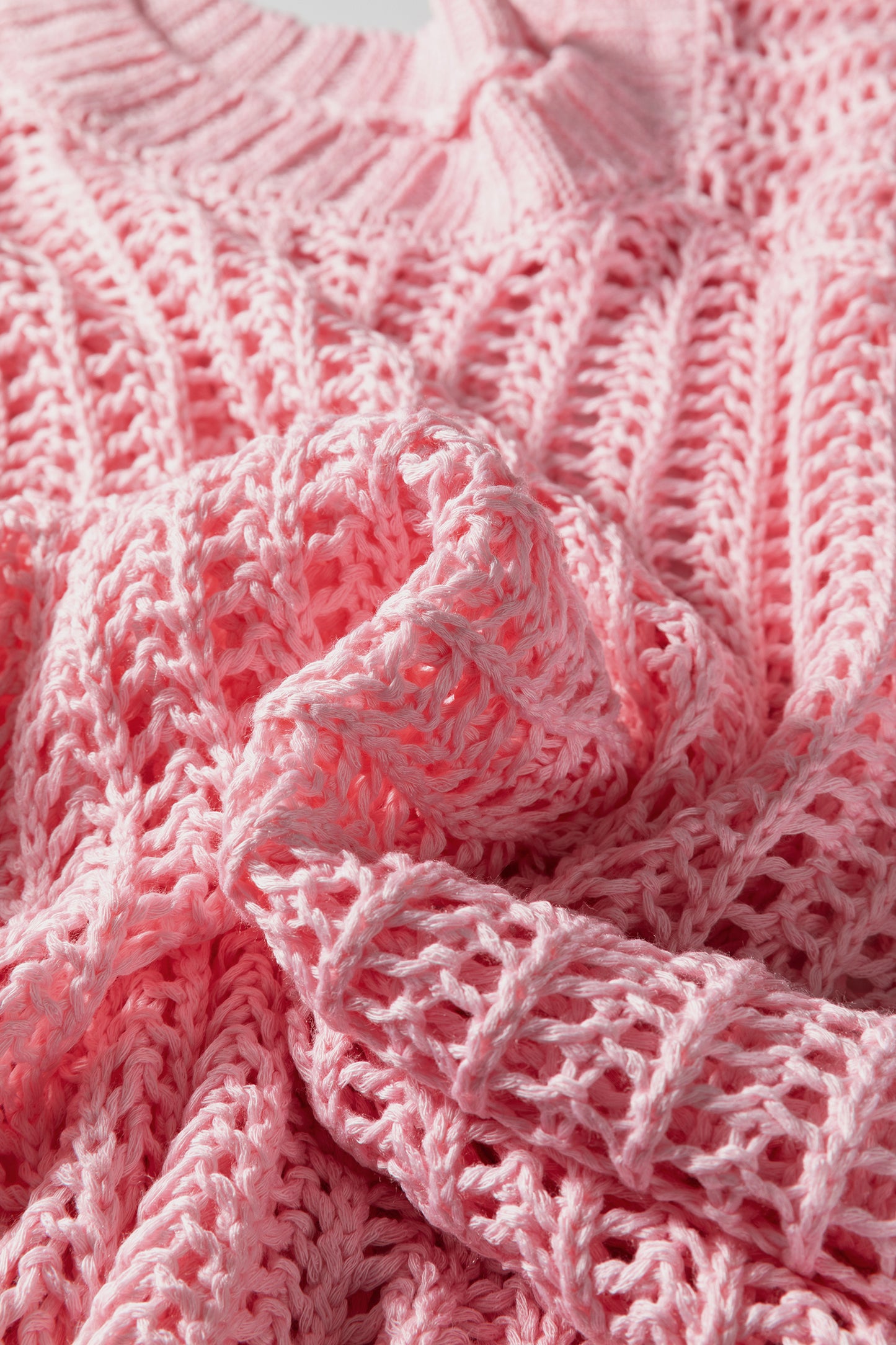 Pink Plus Size Open Knit Bow Tie Short Sleeve Sweater