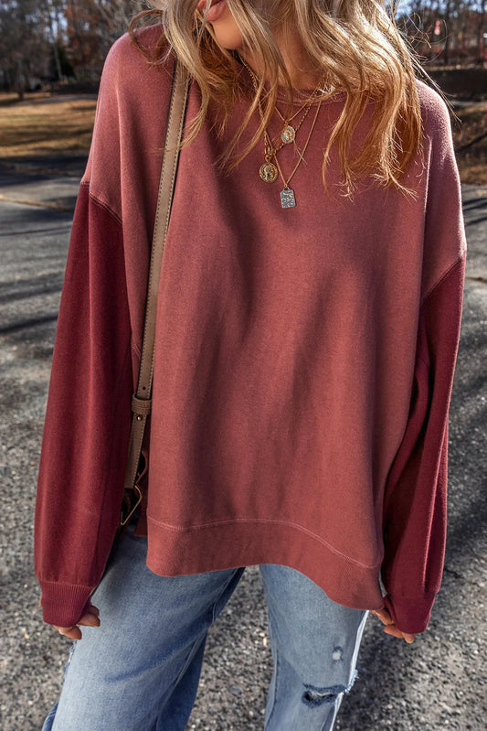 Mineral Red Two Tone Patchwork Drop Shoulder Pullover Sweatshirt - Chic Meadow Boutique 