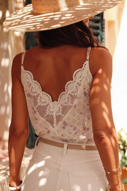 White Flower Embroidered Lace Crochet V Neck Tank Top - Chic Meadow Boutique 