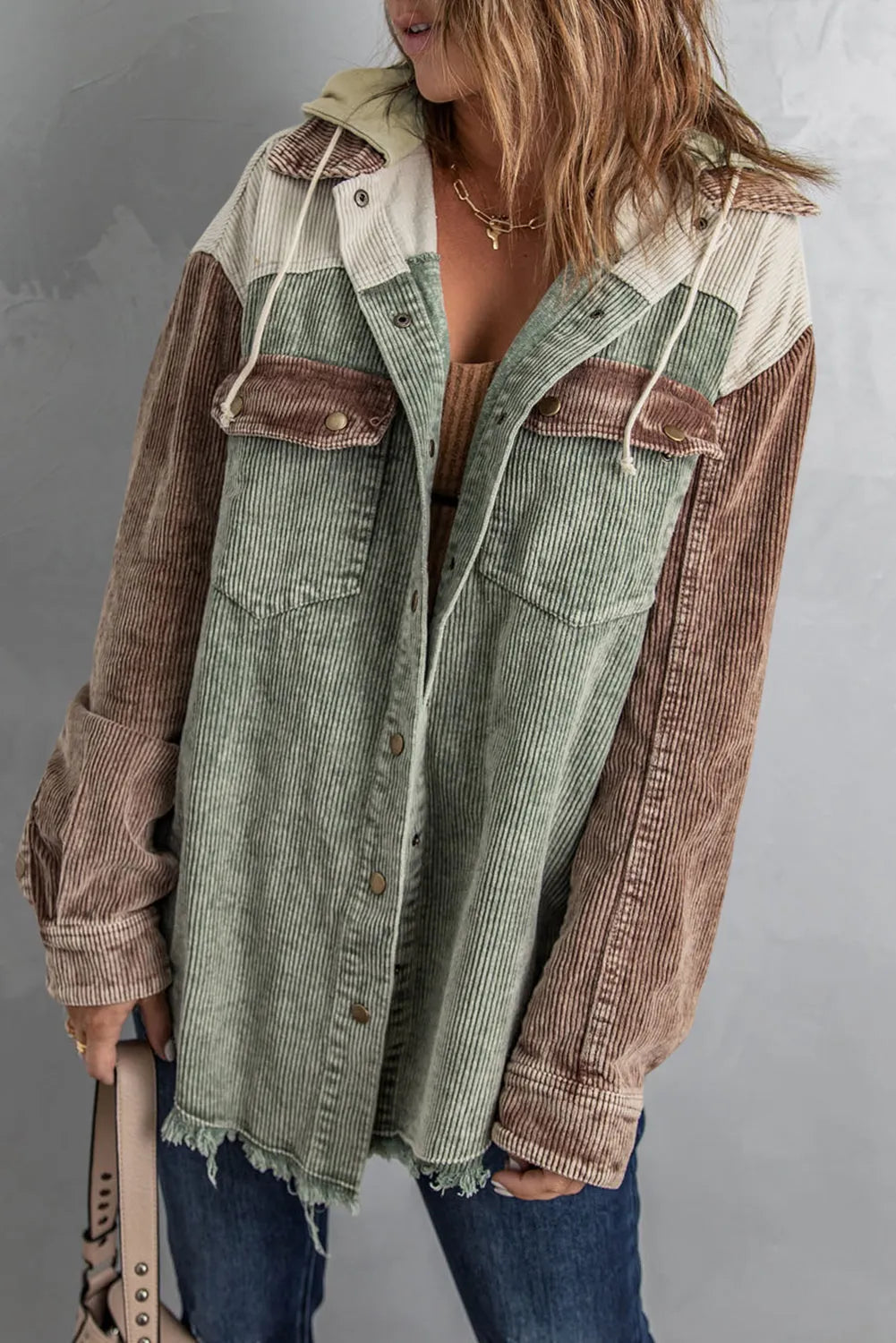 Green Color Block Button Down Hooded Corduroy Jacket - Chic Meadow Boutique 