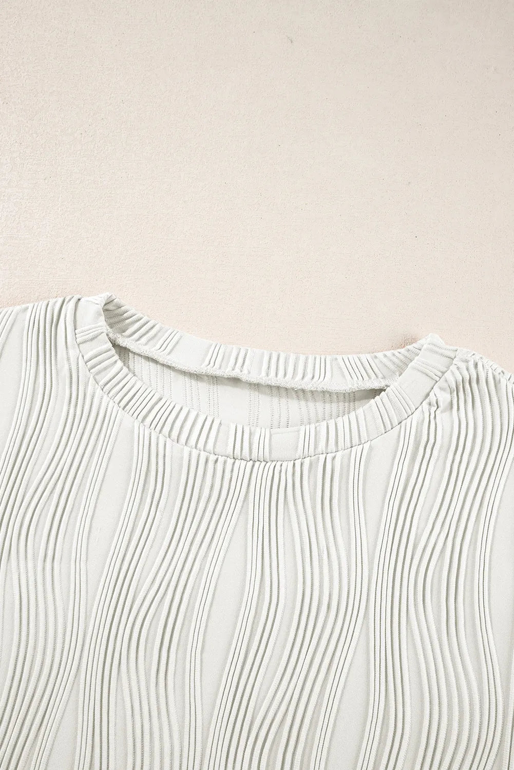 White Textured Wavy Round Neck Long Sleeve Top - Chic Meadow Boutique 