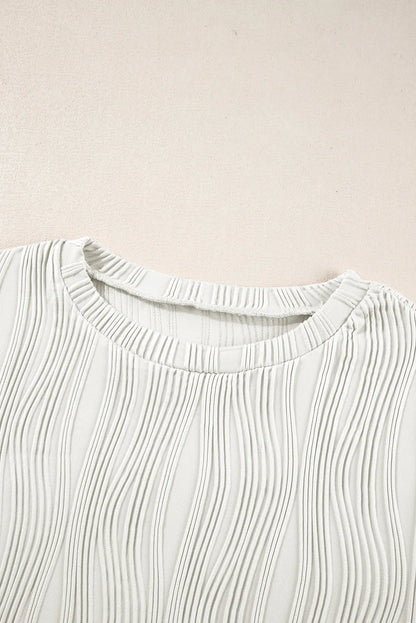 White Textured Wavy Round Neck Long Sleeve Top - Chic Meadow Boutique 