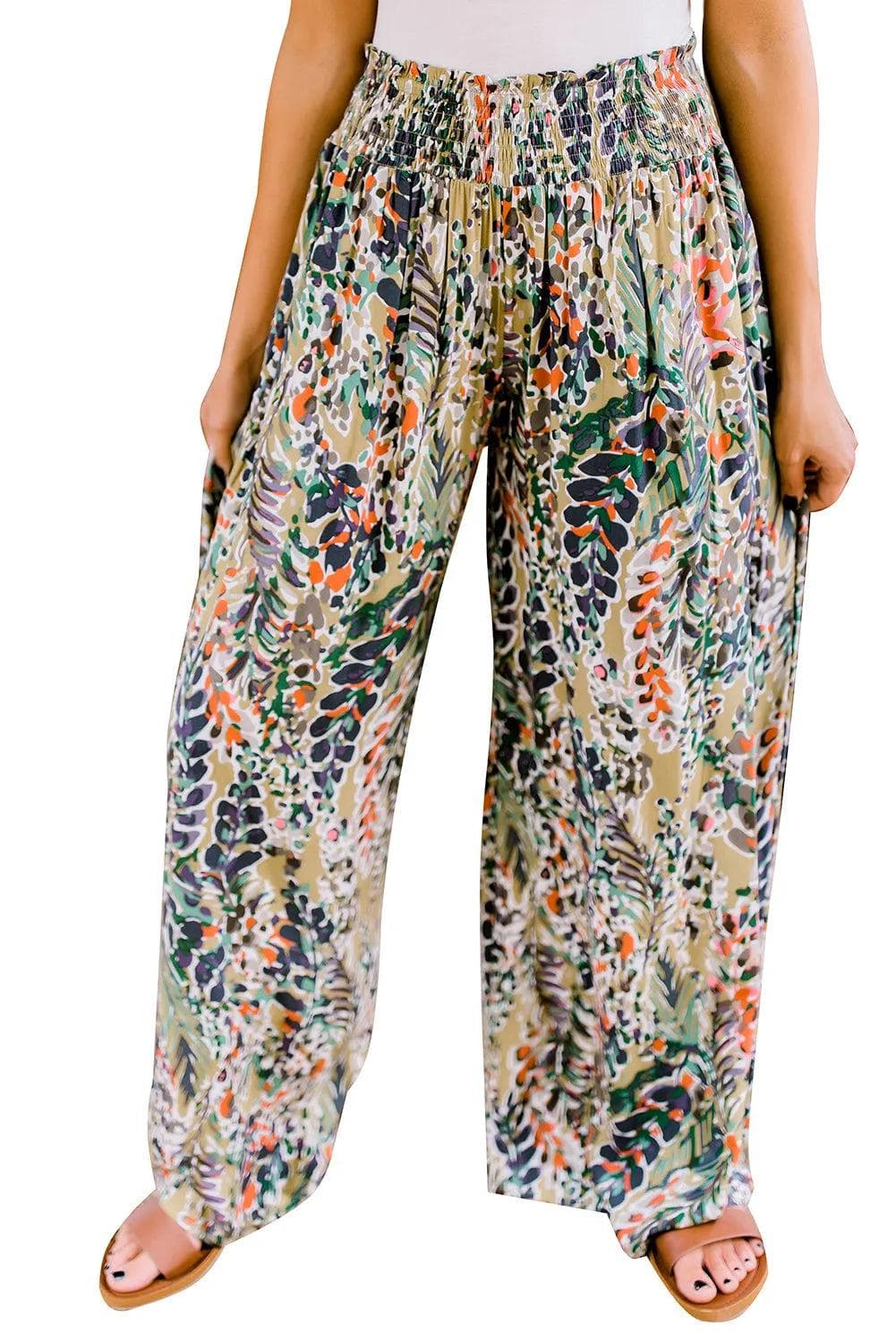 Bottoms/Pants & Culotte Multicolor Floral Print Shirred High Waist Wide Leg Casual Pants