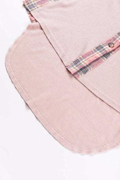 Apricot Pink Plaid Raw Edge High Low Waffle Knit Oversized Shacket - Chic Meadow Boutique 