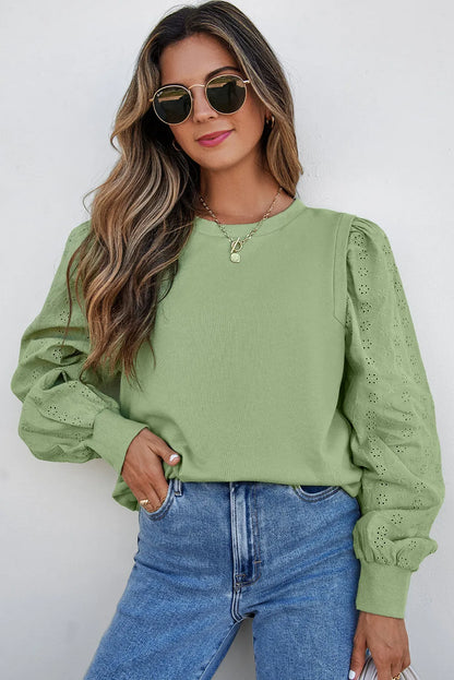 Mist Green Solid Patchwork Sleeve Round Neck Sweatshirt - Chic Meadow Boutique 