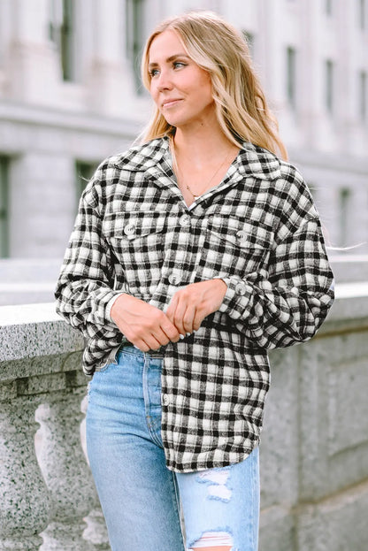 Black Plaid Print Chest Pockets Buttoned Tunic Shacket - Chic Meadow Boutique 