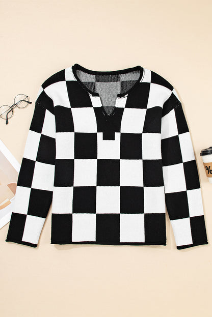 Black Checked Notched Neckline Drop Shoulder Knit Sweater