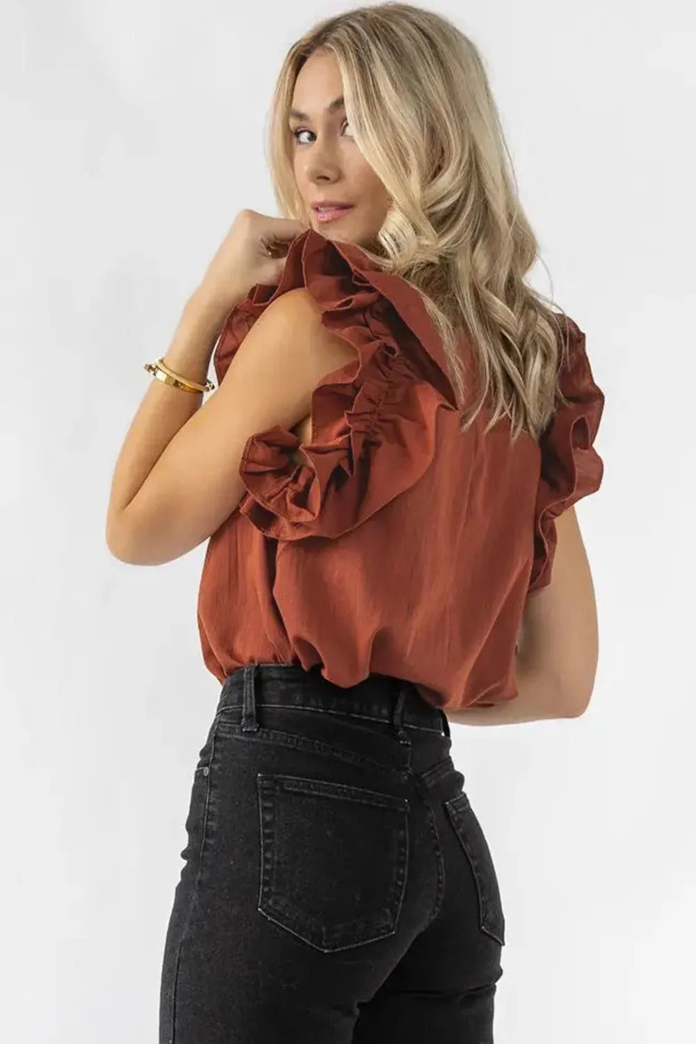 Red Sandalwood Ruffle Trim Sleeveless Blouse - Chic Meadow Boutique 