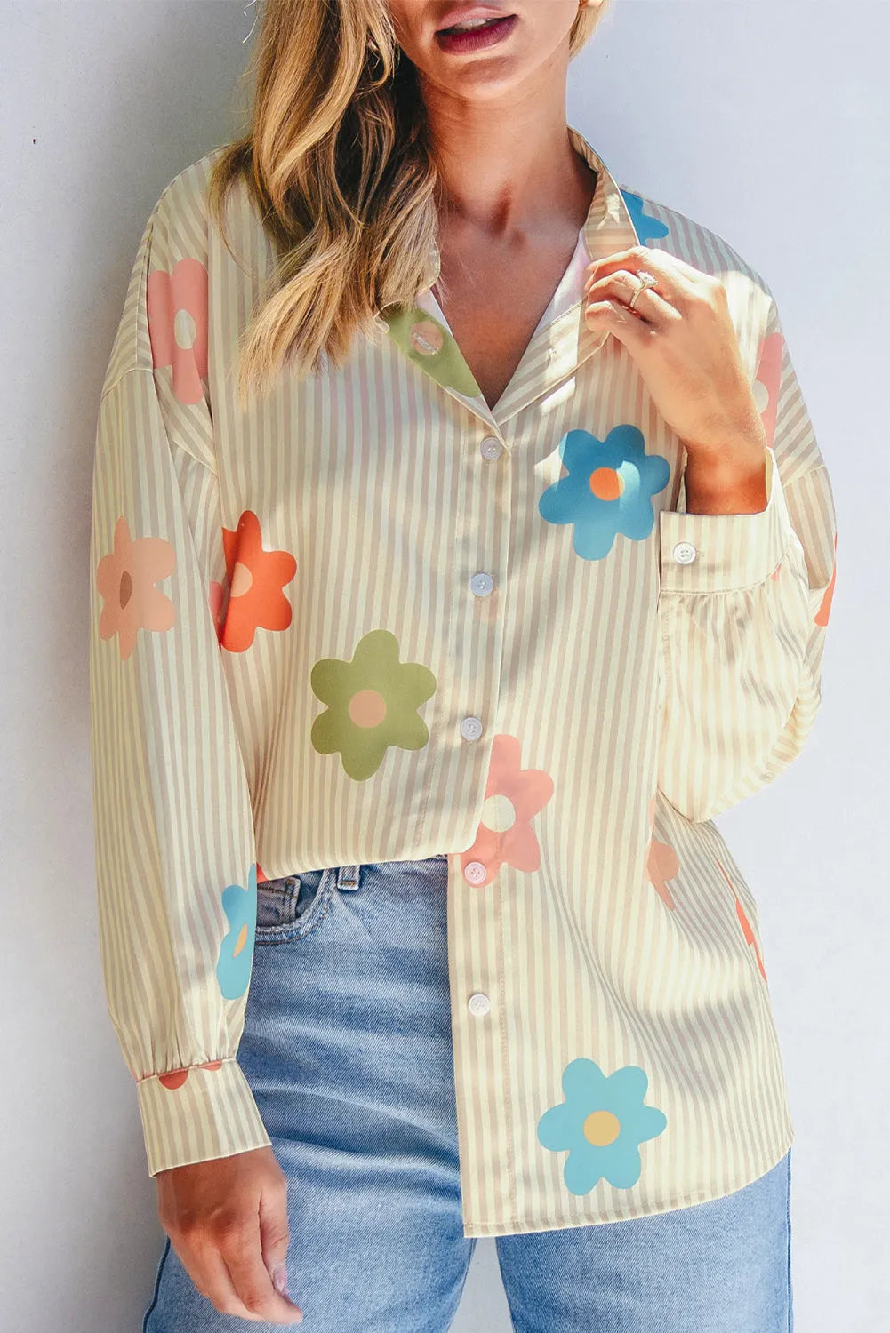 Apricot Stripe Flower Print Collared Button-up Loose Fit Shirt - Chic Meadow Boutique 