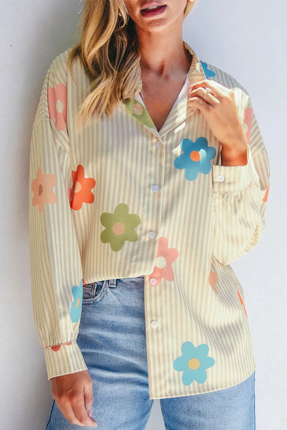 Apricot Stripe Flower Print Collared Button-up Loose Fit Shirt - Chic Meadow Boutique 